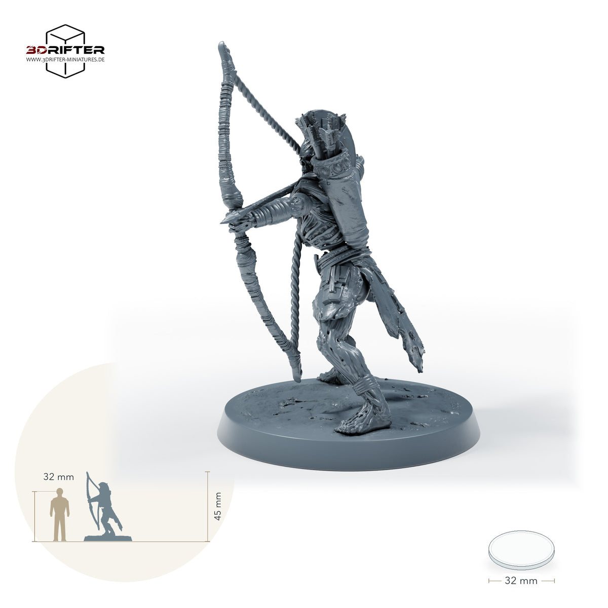 Untoter Bogenschütze – A: Größenvergleich, ca. 45 mm Gesamthöhe inklusive Base und höchstem Teil, mit 32-mm-Referenzfigur.