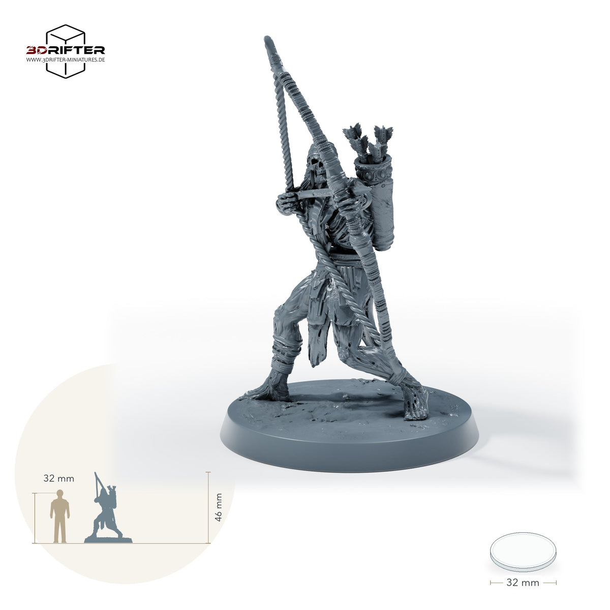 Untoter Bogenschütze – B: Größenvergleich, ca. 46 mm Gesamthöhe inklusive Base und höchstem Teil, mit 32-mm-Referenzfigur.