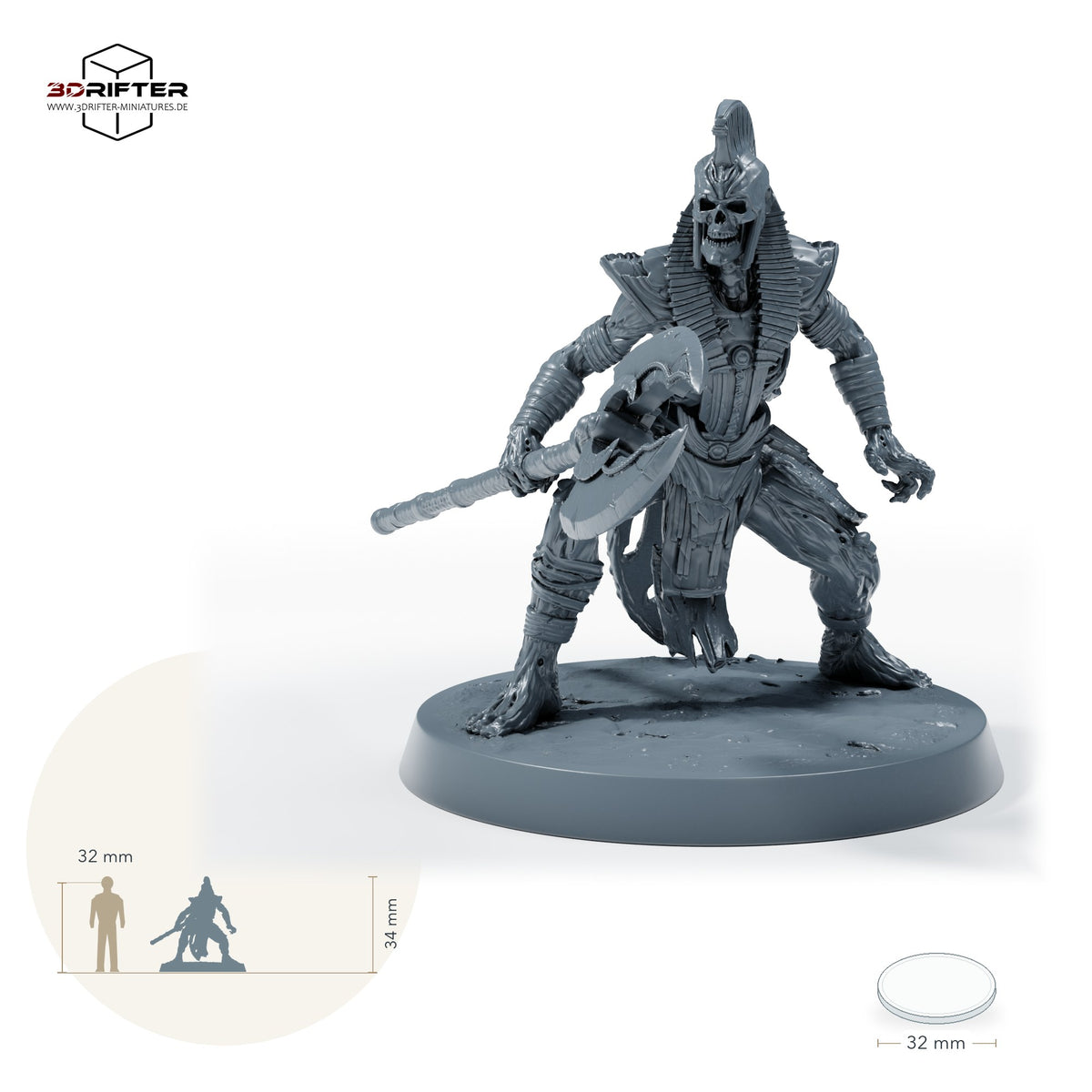 Untoter Hellebardier-Anführer – Standard (26_04_E4): Größenvergleich, ca. 34 mm Gesamthöhe inklusive Base und höchstem Teil, mit 32-mm-Referenzfigur.