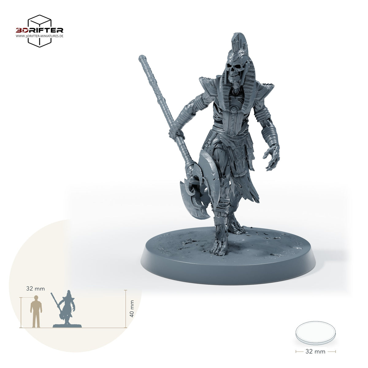 Untoter Hellebardier-Anführer – A: Größenvergleich, ca. 40 mm Gesamthöhe inklusive Base und höchstem Teil, mit 32-mm-Referenzfigur.