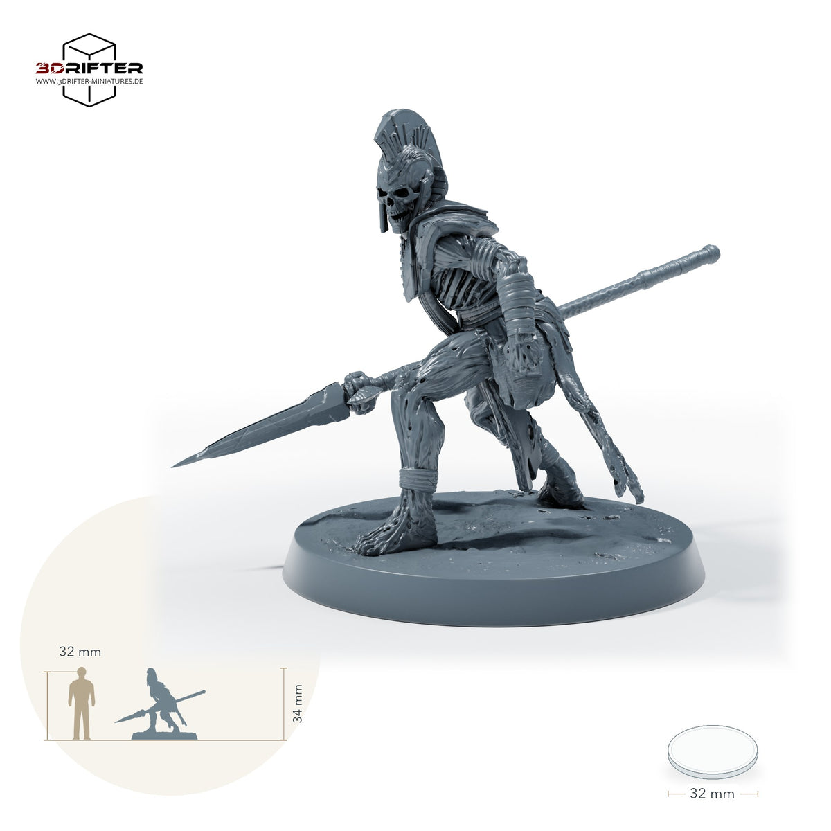 Untoter Speerkrieger – A: Größenvergleich, ca. 34 mm Gesamthöhe inklusive Base und höchstem Teil, mit 32-mm-Referenzfigur.