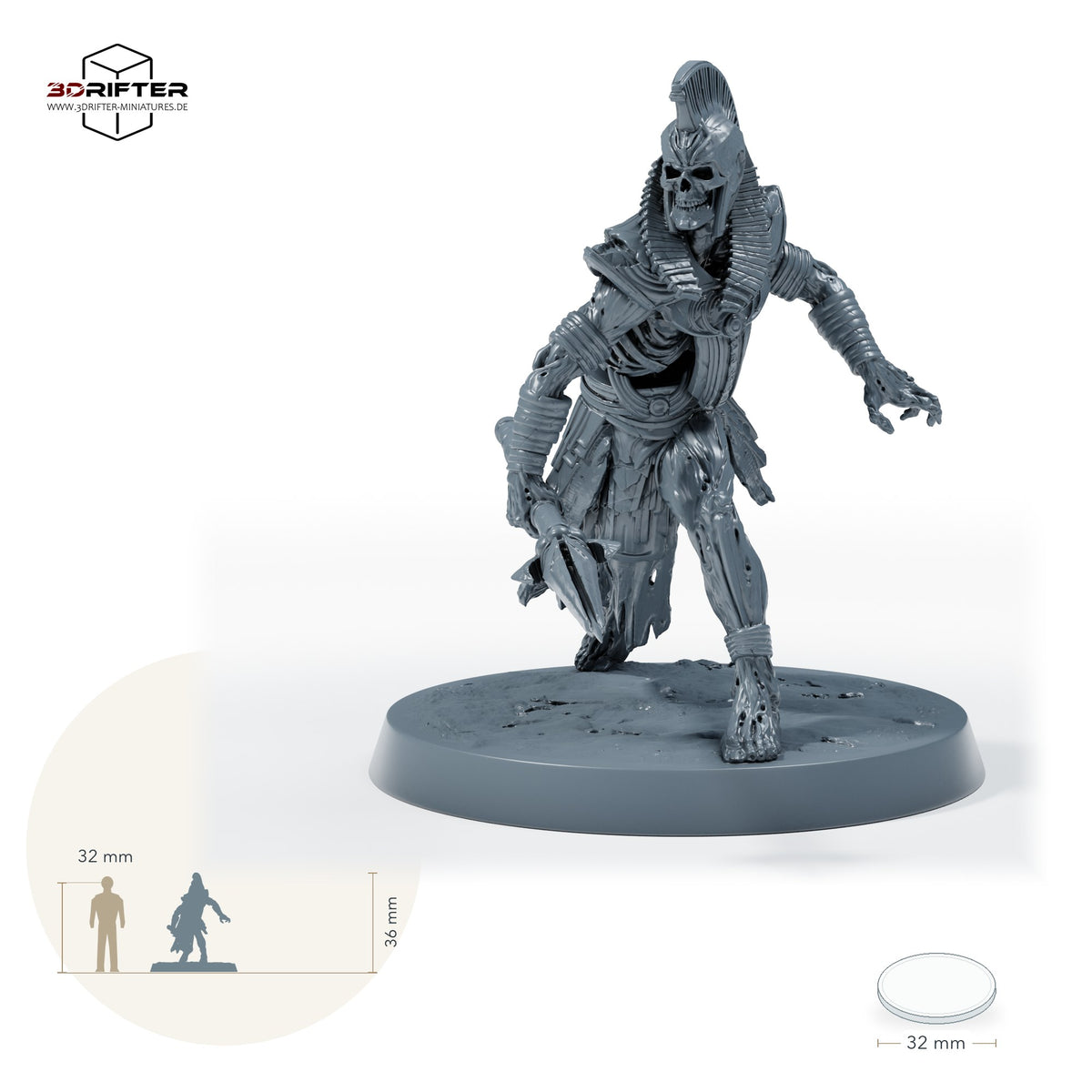 Untoter Speerkrieger – B: Größenvergleich, ca. 36 mm Gesamthöhe inklusive Base und höchstem Teil, mit 32-mm-Referenzfigur.