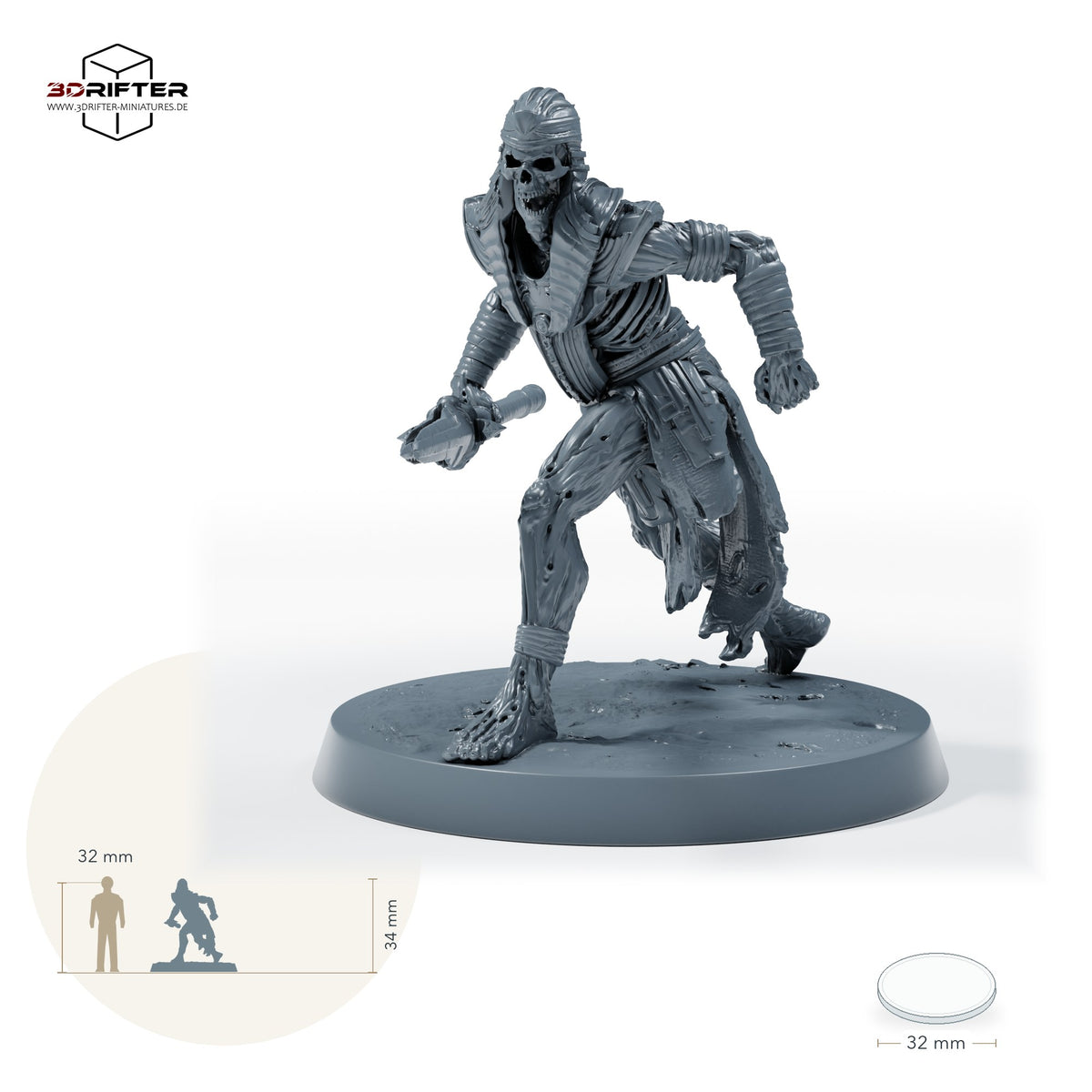 Untoter Speerkrieger – Standard: Größenvergleich, ca. 34 mm Gesamthöhe inklusive Base und höchstem Teil, mit 32-mm-Referenzfigur.