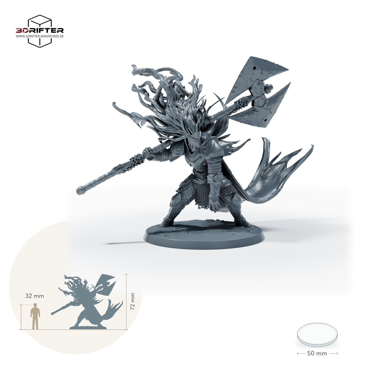 Gepanzerter Axtkrieger – Standard (26_05_E2): Größenvergleich, ca. 72 mm Gesamthöhe inklusive Base und höchstem Teil, mit 32-mm-Referenzfigur.
