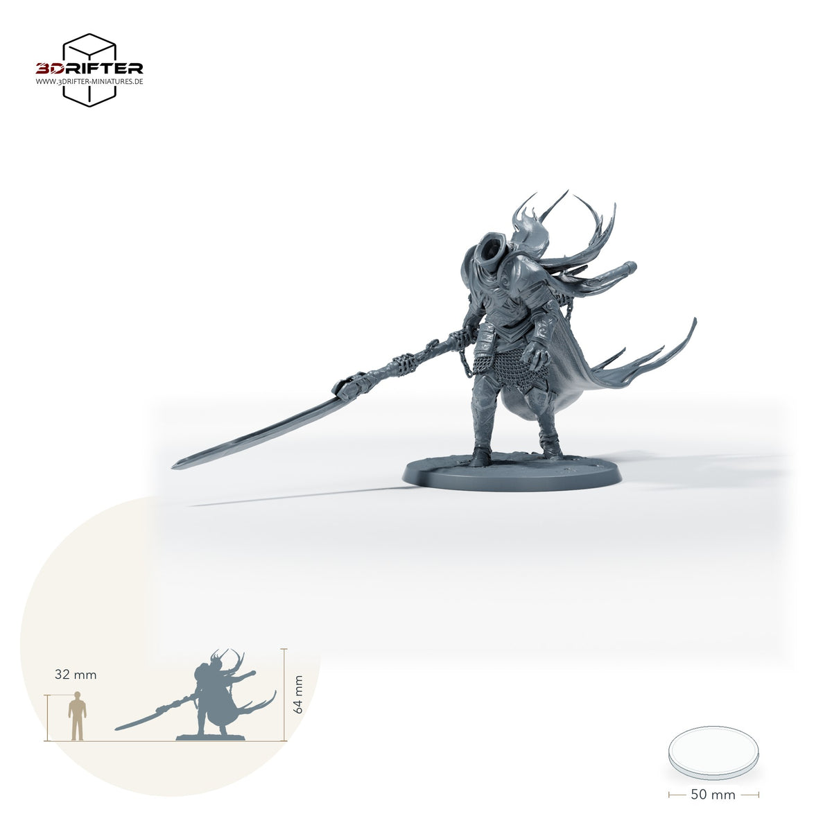 Kopfloser Ritter mit Speer: Größenvergleich, ca. 64 mm Gesamthöhe inklusive Base und höchstem Teil, mit 32-mm-Referenzfigur.