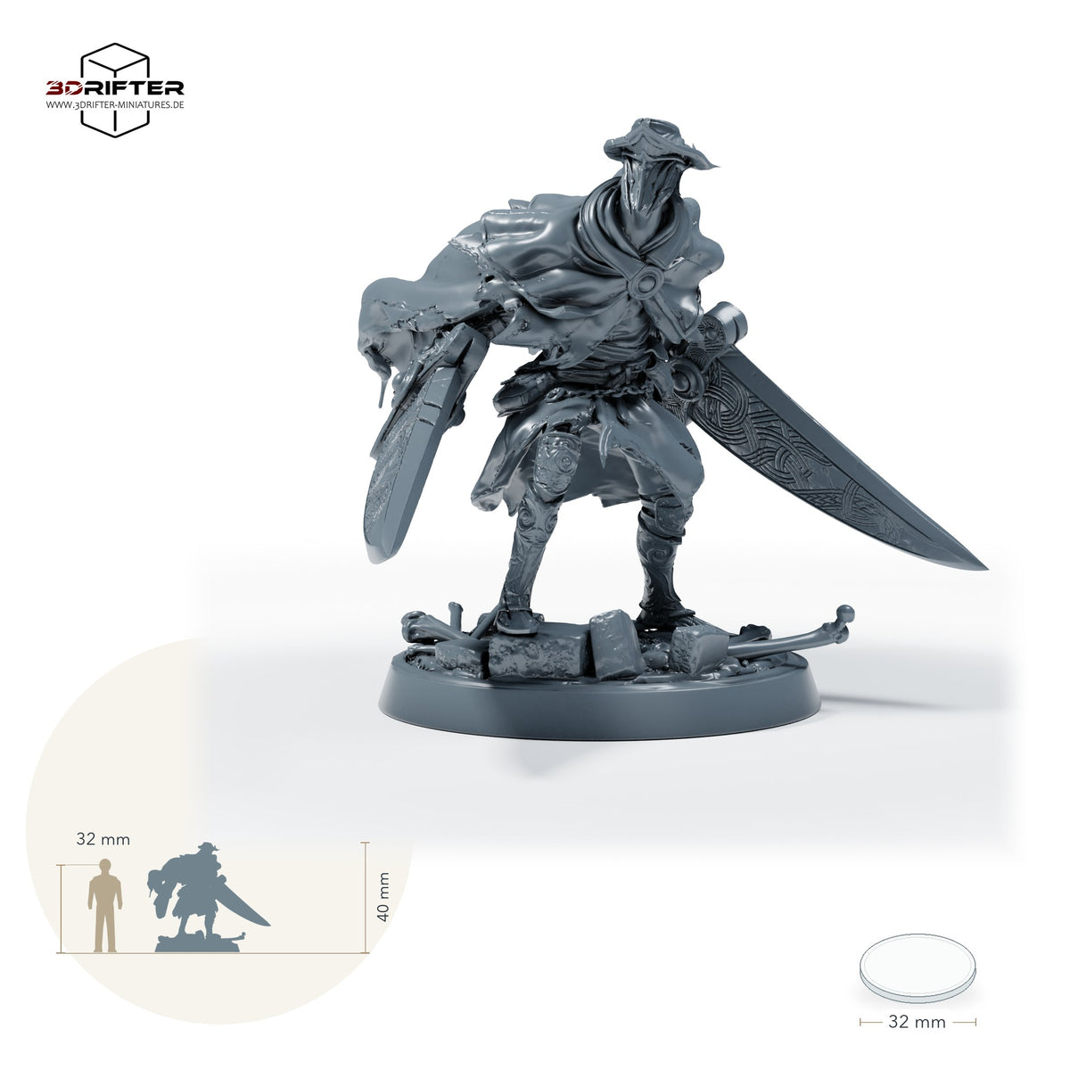 Maskierter Doppelschwertkämpfer – Standard: Größenvergleich, ca. 40 mm Gesamthöhe inklusive Base und höchstem Teil, mit 32-mm-Referenzfigur.