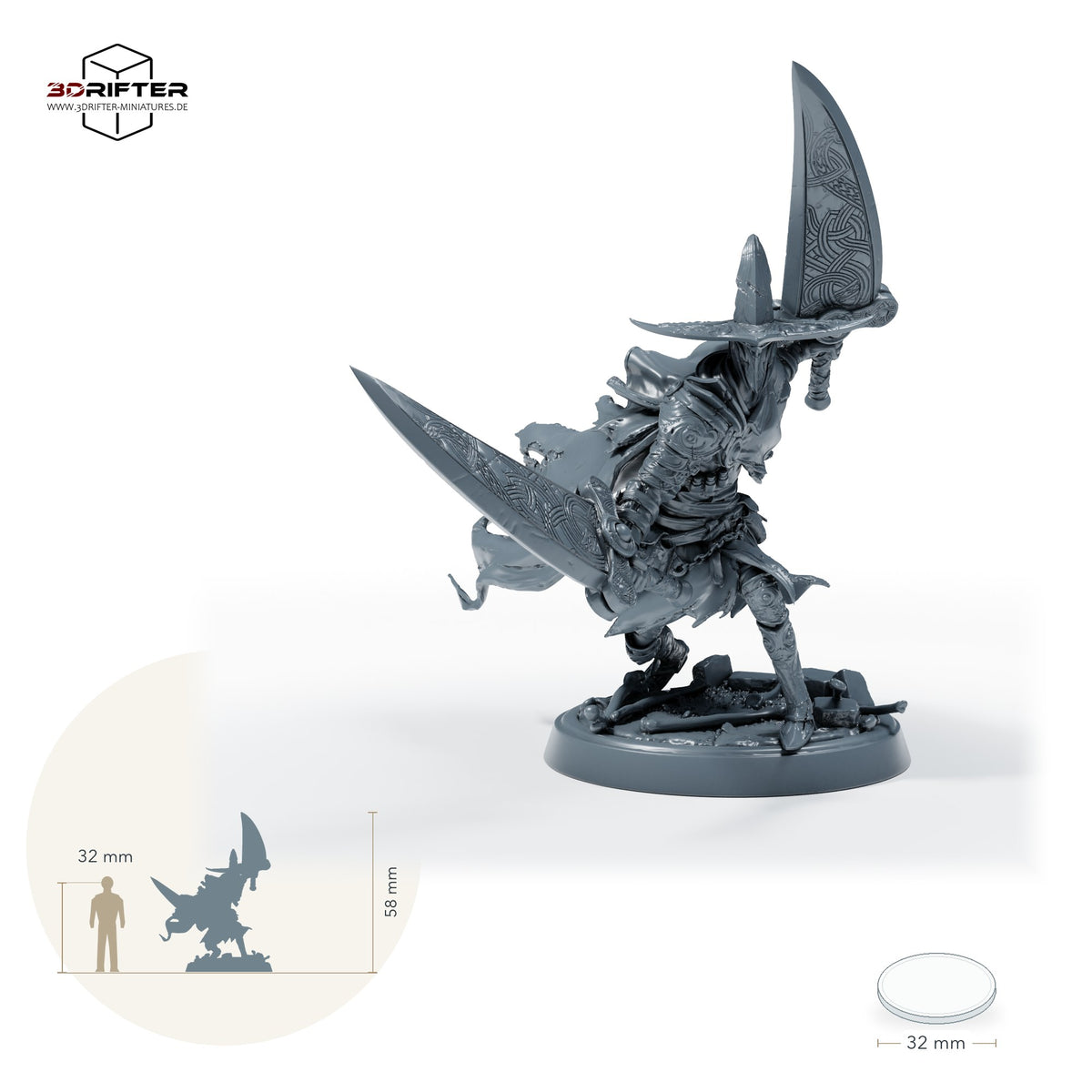 Maskierter Doppelschwertkämpfer – Standard (26_05_F4): Größenvergleich, ca. 58 mm Gesamthöhe inklusive Base und höchstem Teil, mit 32-mm-Referenzfigur.