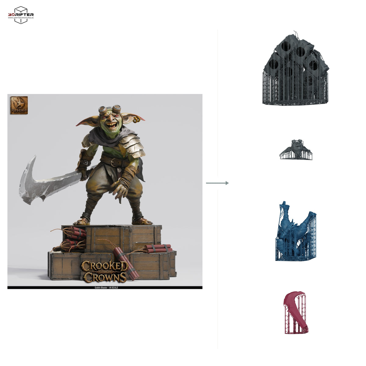 Goblin-Schwertkämpfer 1:6: Bauteilübersicht mit 4 ausgewählten Druckteilen inklusive Druckstützen, daneben die Designeransicht.