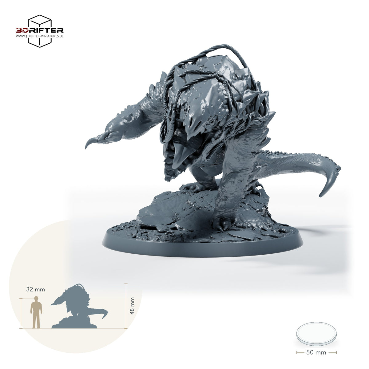 Goblin-Bulettenreiter im Angriff – Saddle: Größenvergleich, ca. 48 mm Gesamthöhe inklusive Base und höchstem Teil, mit 32-mm-Referenzfigur.