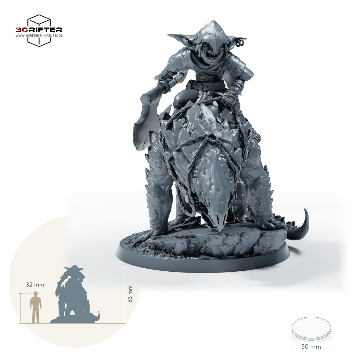 Goblinkönig auf gepanzerter Bulette – Mit Reiter: Größenvergleich, ca. 63 mm Gesamthöhe inklusive Base und höchstem Teil, mit 32-mm-Referenzfigur.