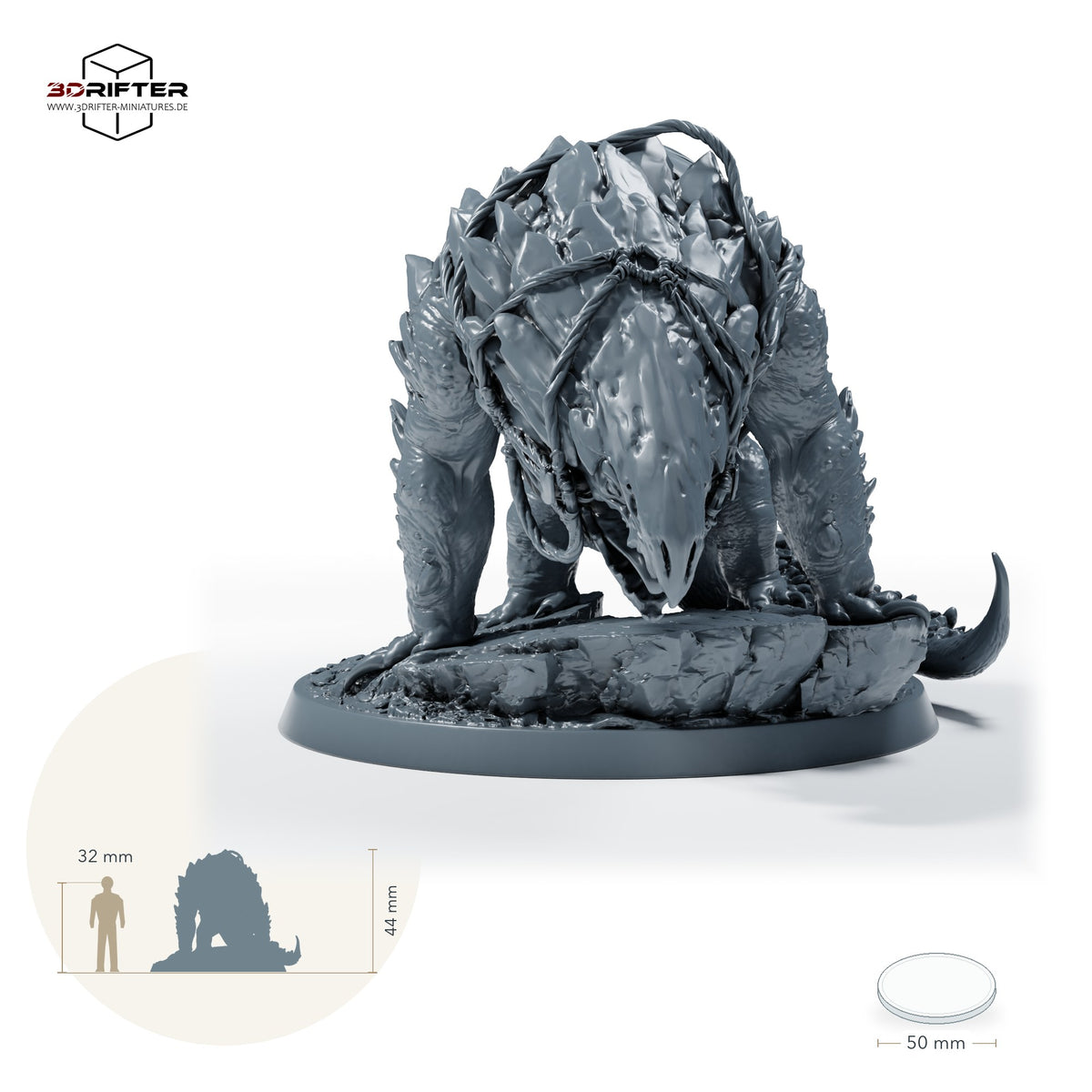 Goblinkönig auf gepanzerter Bulette – Saddle: Größenvergleich, ca. 44 mm Gesamthöhe inklusive Base und höchstem Teil, mit 32-mm-Referenzfigur.