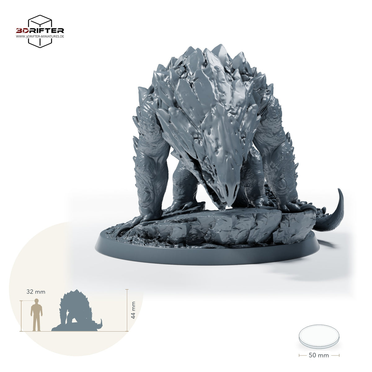 Goblinkönig auf gepanzerter Bulette – Unberitten: Größenvergleich, ca. 44 mm Gesamthöhe inklusive Base und höchstem Teil, mit 32-mm-Referenzfigur.