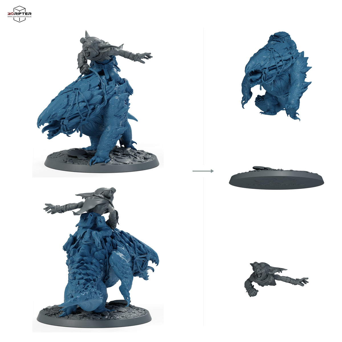 Goblinreiter auf gepanzertem Monster – Mit Reiter: Bauteilübersicht mit Vorder- und Rückansicht sowie 3 farblich markierten Einzelteilen.