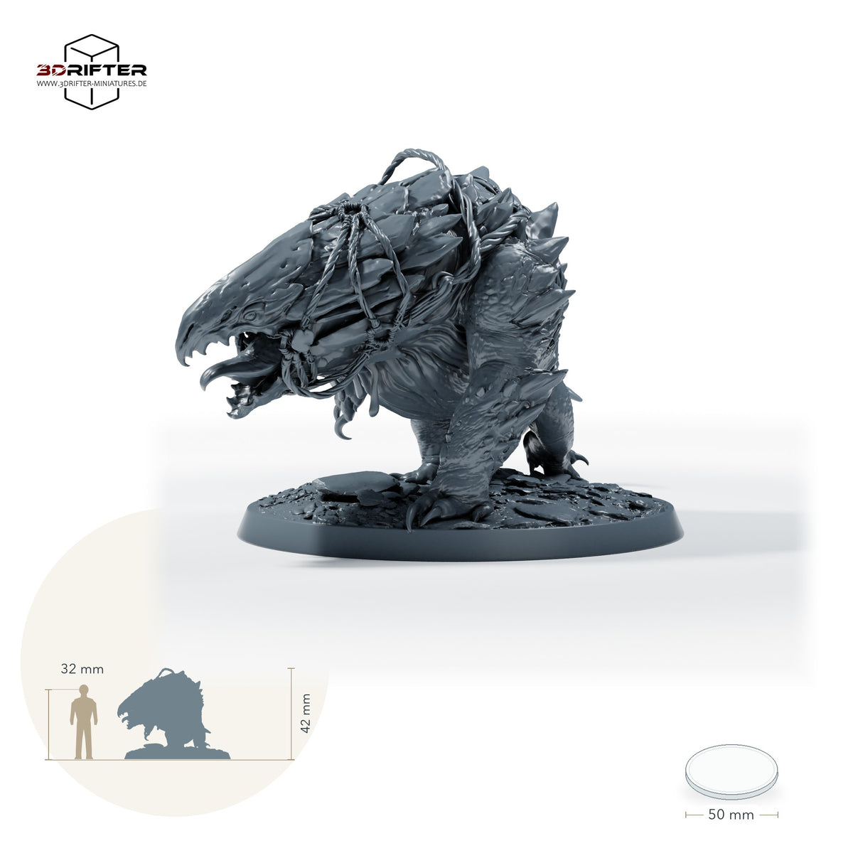 Goblinreiter auf gepanzertem Monster – Saddle: Größenvergleich, ca. 42 mm Gesamthöhe inklusive Base und höchstem Teil, mit 32-mm-Referenzfigur.