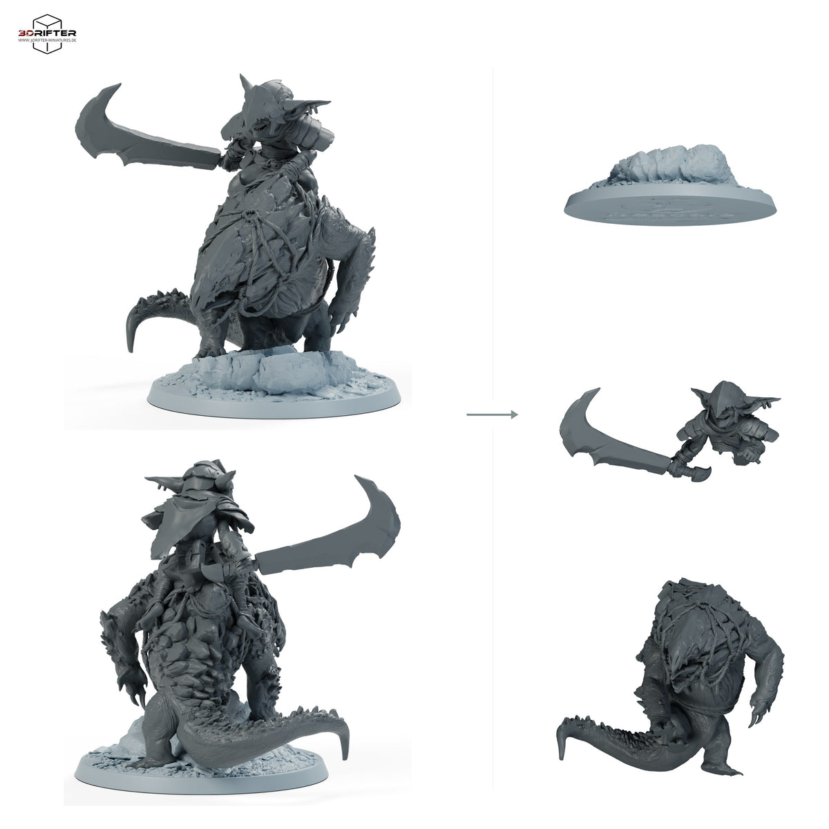 Goblinreiter auf gepanzertem Monster – Mit Reiter: Bauteilübersicht mit Vorder- und Rückansicht sowie 3 farblich markierten Einzelteilen.