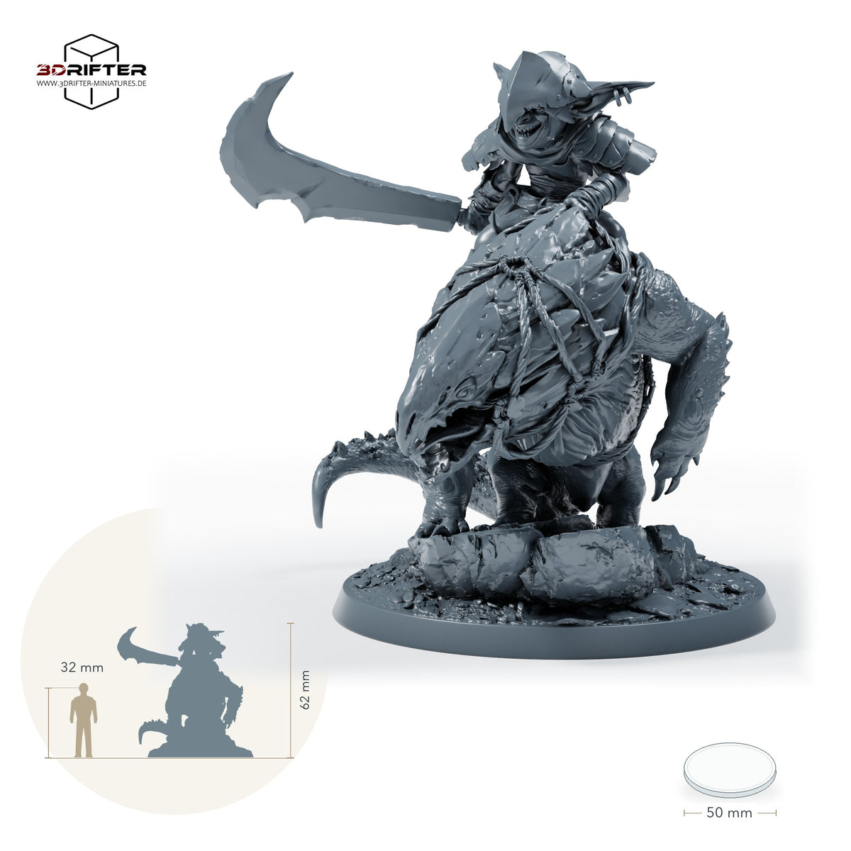 Goblinreiter auf gepanzertem Monster – Mit Reiter: Größenvergleich, ca. 62 mm Gesamthöhe inklusive Base und höchstem Teil, mit 32-mm-Referenzfigur.