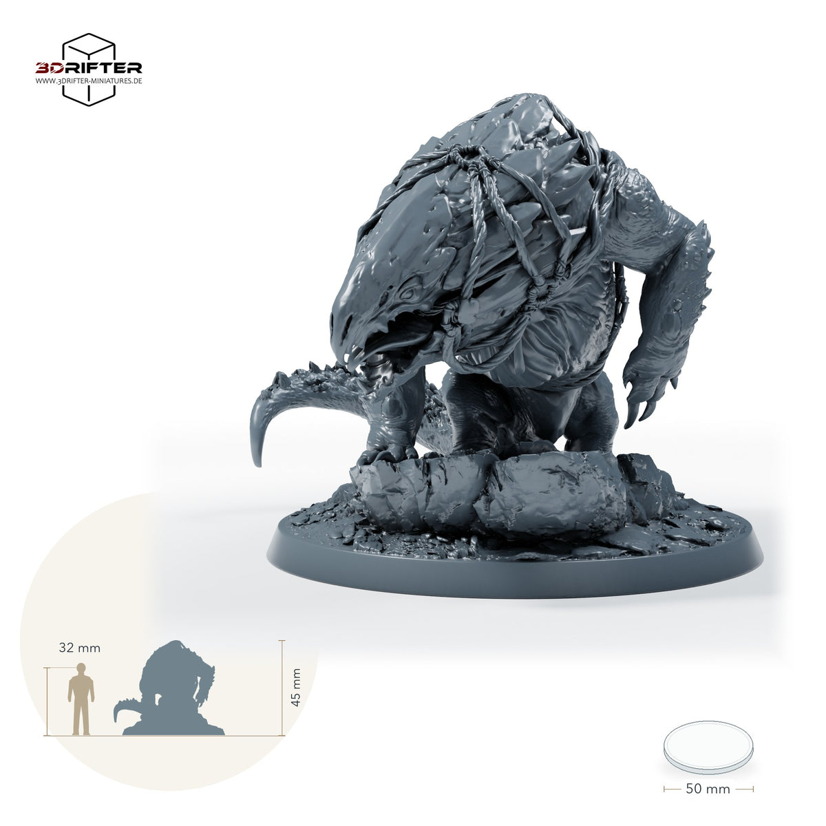 Goblinreiter auf gepanzertem Monster – Saddle: Größenvergleich, ca. 45 mm Gesamthöhe inklusive Base und höchstem Teil, mit 32-mm-Referenzfigur.