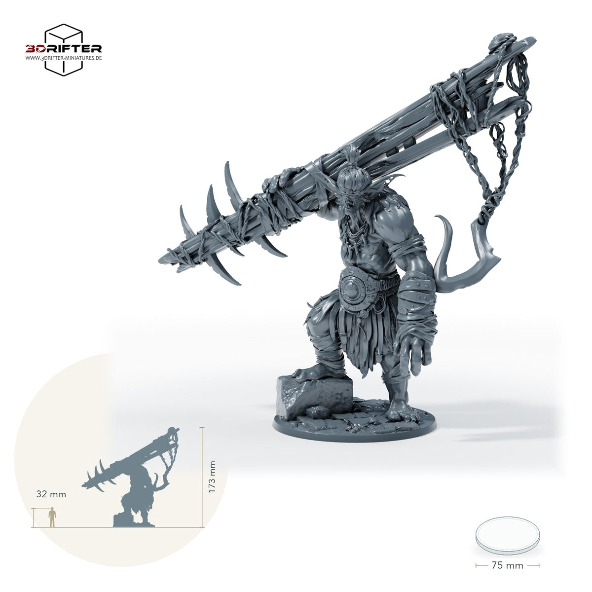 Hobgoblin-Schläger – Standard: Größenvergleich, ca. 173 mm Gesamthöhe inklusive Base und höchstem Teil, mit 32-mm-Referenzfigur.