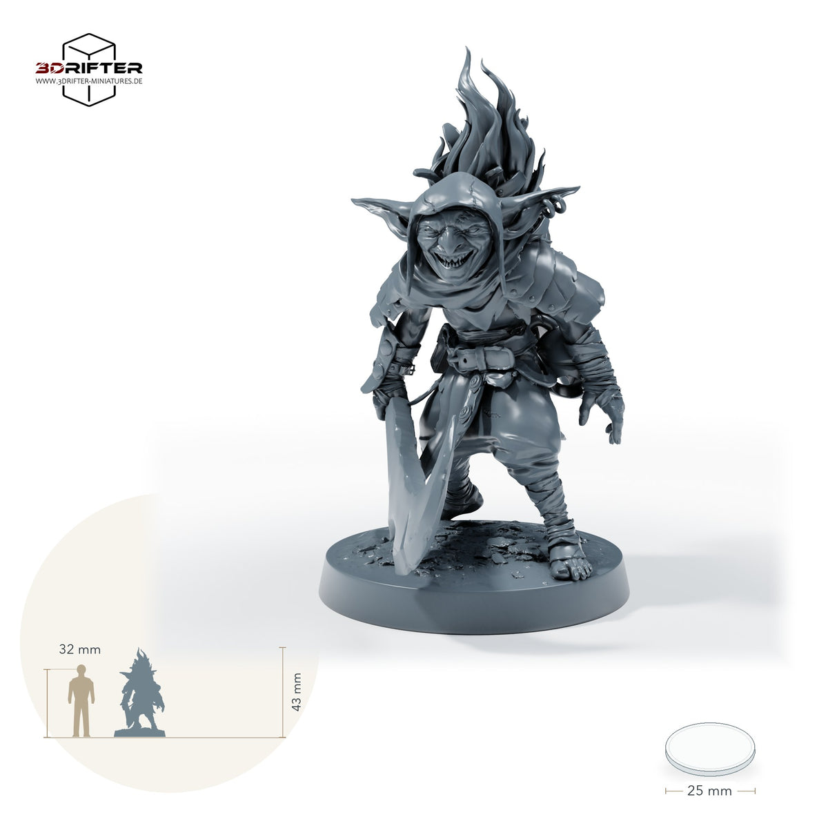 Goblin-Schwertkämpfer – A: Größenvergleich, ca. 43 mm Gesamthöhe inklusive Base und höchstem Teil, mit 32-mm-Referenzfigur.