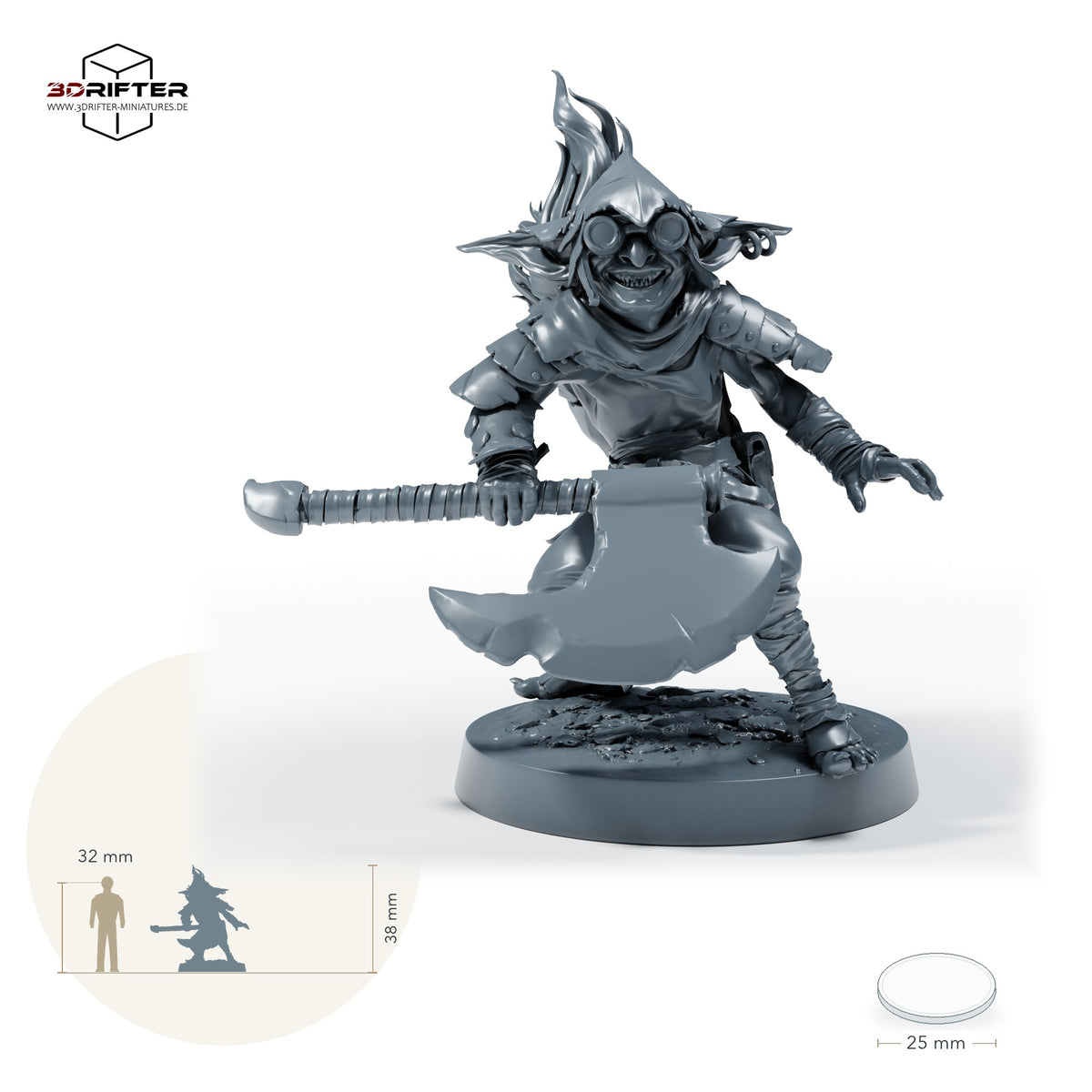 Goblin-Axtkrieger – A: Größenvergleich, ca. 38 mm Gesamthöhe inklusive Base und höchstem Teil, mit 32-mm-Referenzfigur.