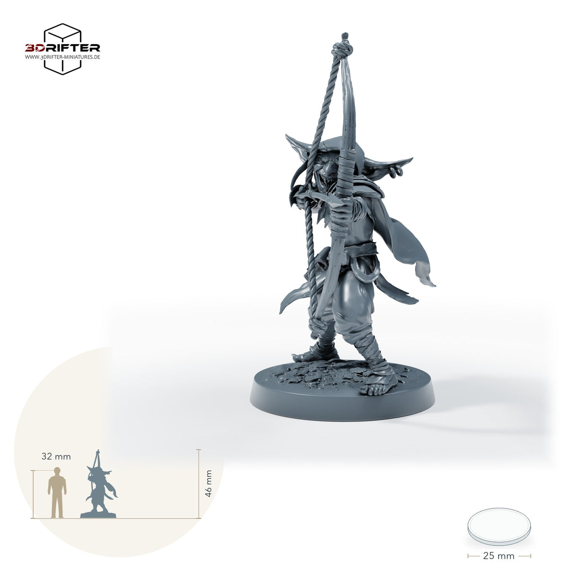 Goblin-Bogenschütze beim Zielen – Standard: Größenvergleich, ca. 46 mm Gesamthöhe inklusive Base und höchstem Teil, mit 32-mm-Referenzfigur.