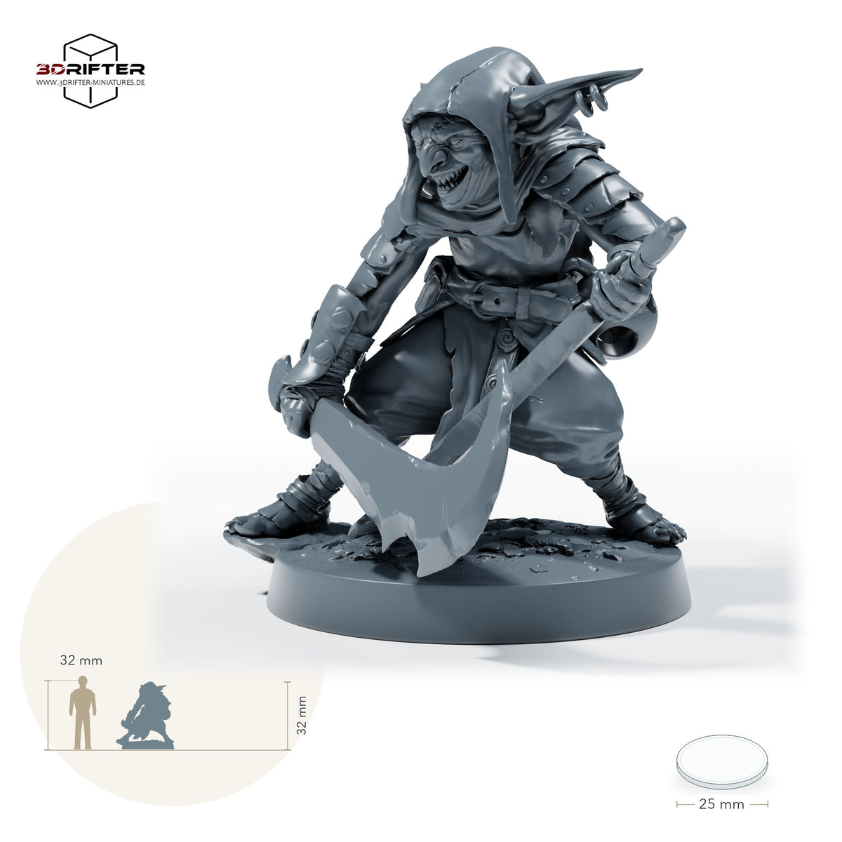 Goblin-Doppelschwertkämpfer – B: Größenvergleich, ca. 32 mm Gesamthöhe inklusive Base und höchstem Teil, mit 32-mm-Referenzfigur.