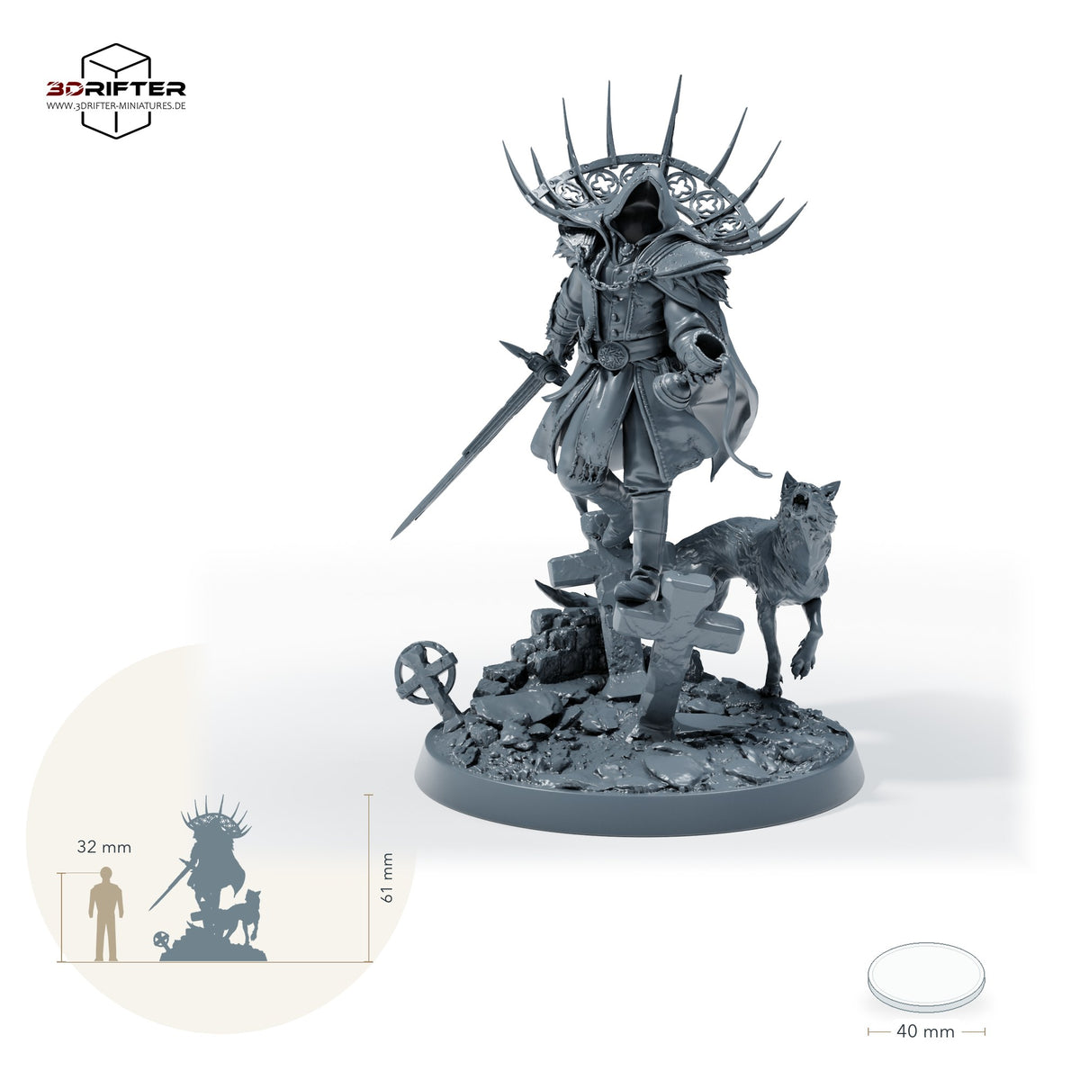 Kapuzenkrieger mit Wolfbegleiter: Größenvergleich, ca. 61 mm Gesamthöhe inklusive Base und höchstem Teil, mit 32-mm-Referenzfigur.