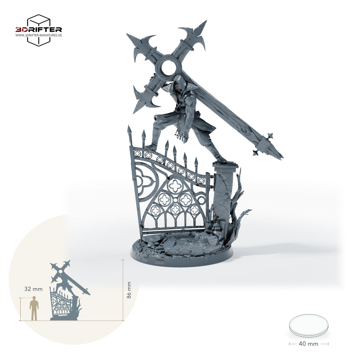 Kapuzenkrieger mit Kreuzwaffe: Größenvergleich, ca. 86 mm Gesamthöhe inklusive Base und höchstem Teil, mit 32-mm-Referenzfigur.