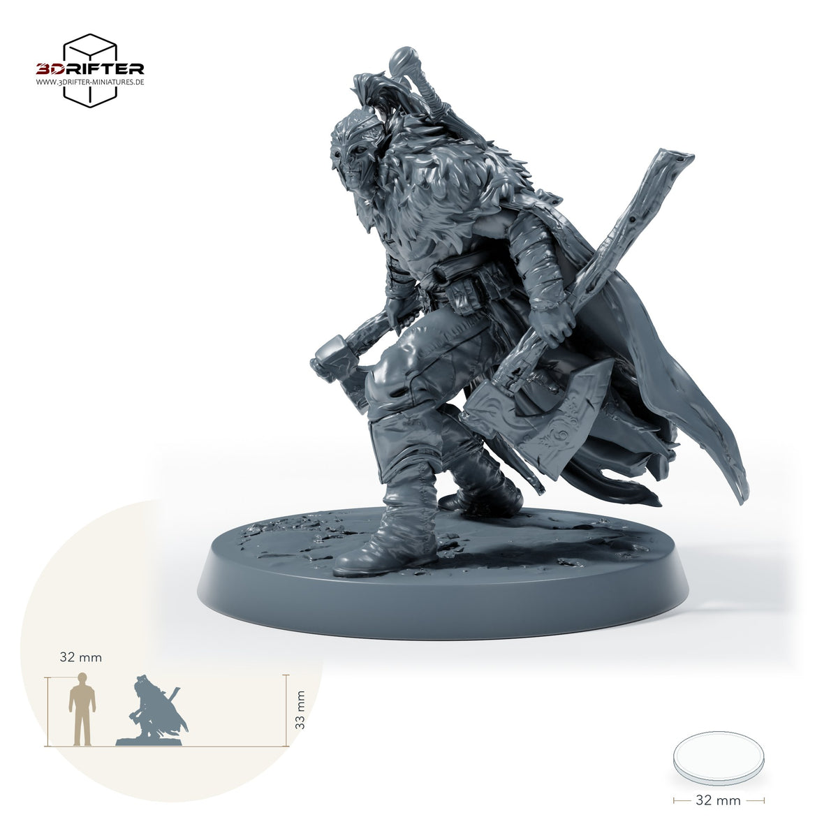 Duskhelm-Huscarl mit Axten – Wache: Größenvergleich, ca. 33 mm Gesamthöhe inklusive Base und höchstem Teil, mit 32-mm-Referenzfigur.