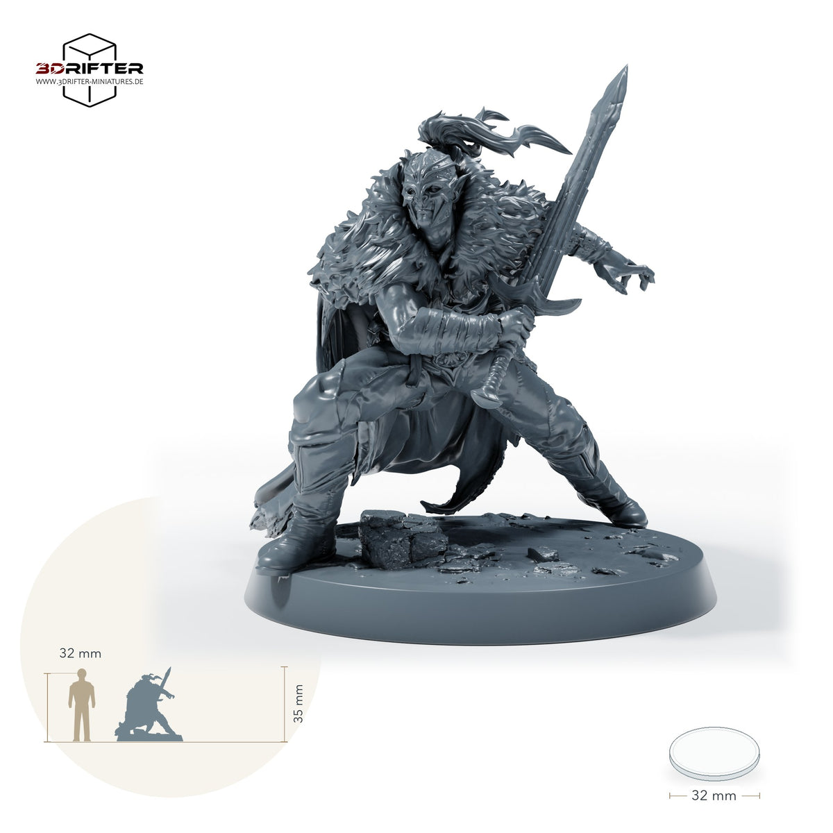 Duskhelm-Schwertkrieger – Angriff: Größenvergleich, ca. 35 mm Gesamthöhe inklusive Base und höchstem Teil, mit 32-mm-Referenzfigur.