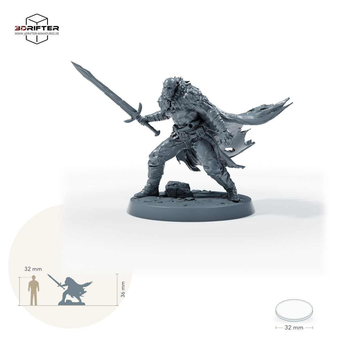 Duskhelm-Schwertkrieger – Wache: Größenvergleich, ca. 36 mm Gesamthöhe inklusive Base und höchstem Teil, mit 32-mm-Referenzfigur.