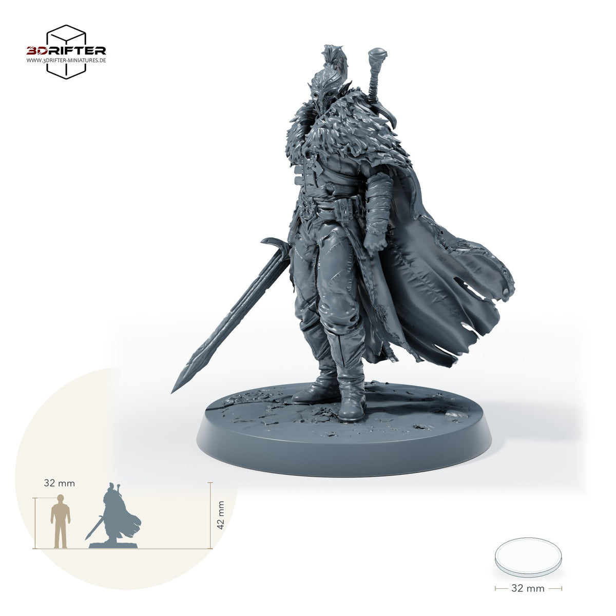 Duskhelm-Schwertkrieger – Stehend: Größenvergleich, ca. 42 mm Gesamthöhe inklusive Base und höchstem Teil, mit 32-mm-Referenzfigur.