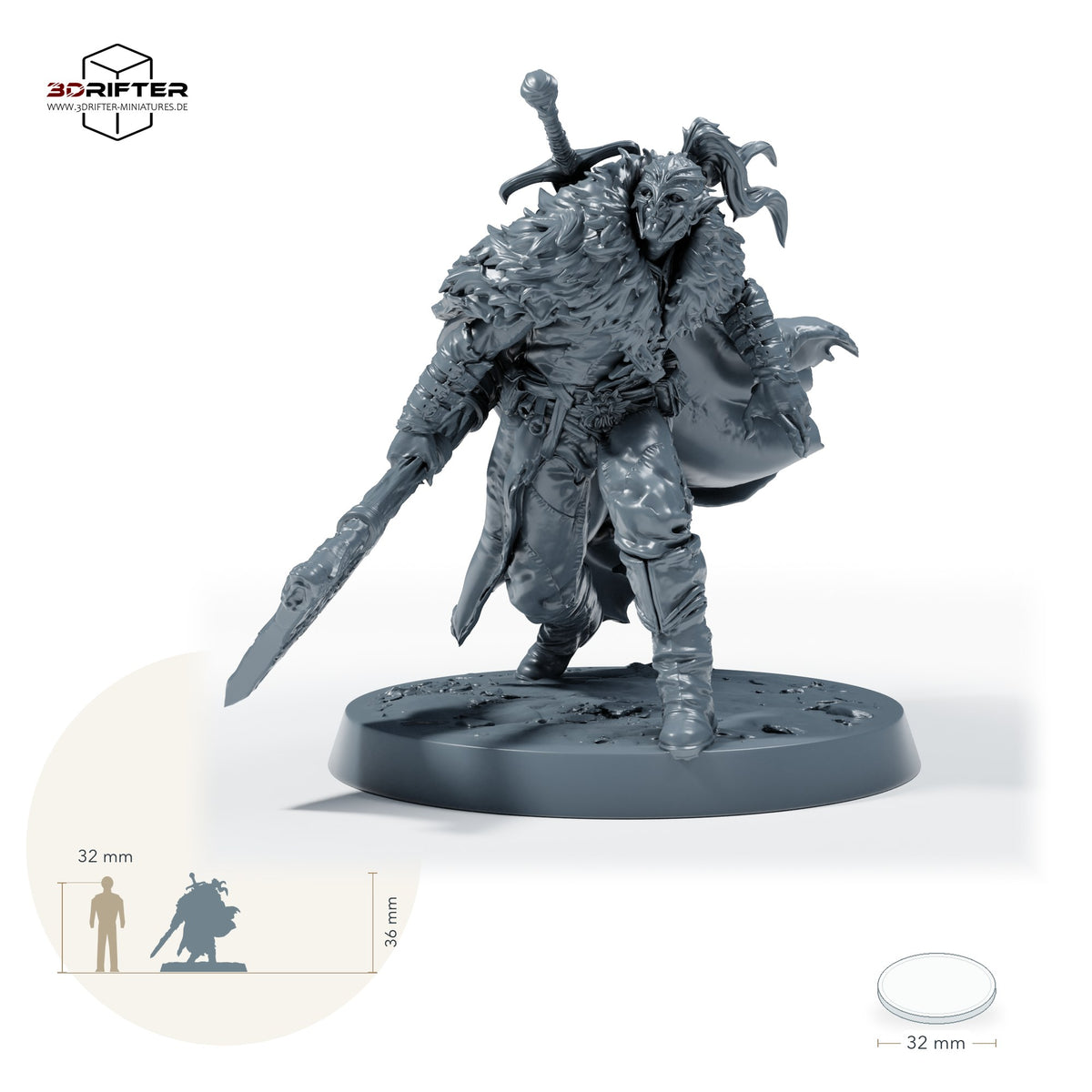Duskhelm-Huscarl mit Großaxt – Angriff: Größenvergleich, ca. 36 mm Gesamthöhe inklusive Base und höchstem Teil, mit 32-mm-Referenzfigur.