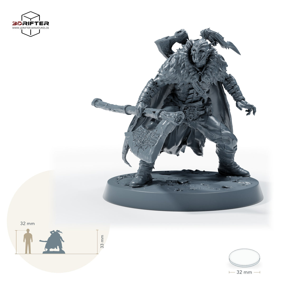 Duskhelm-Huscarl mit Großaxt – Wache: Größenvergleich, ca. 33 mm Gesamthöhe inklusive Base und höchstem Teil, mit 32-mm-Referenzfigur.