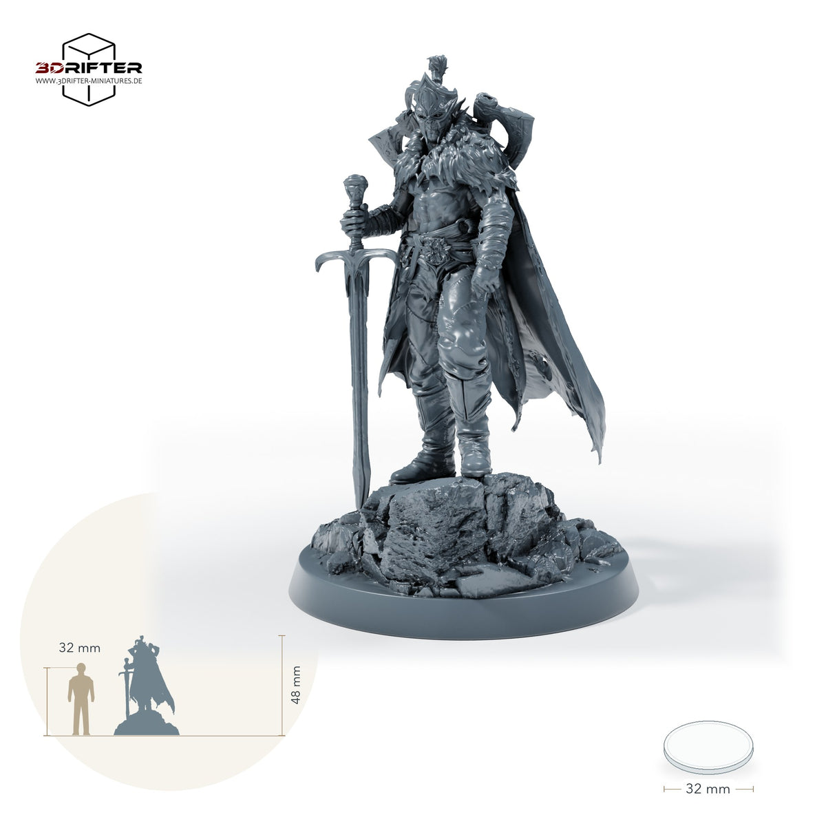 Huscarl-Kriegerhäuptling mit Großschwert: Größenvergleich, ca. 48 mm Gesamthöhe inklusive Base und höchstem Teil, mit 32-mm-Referenzfigur.