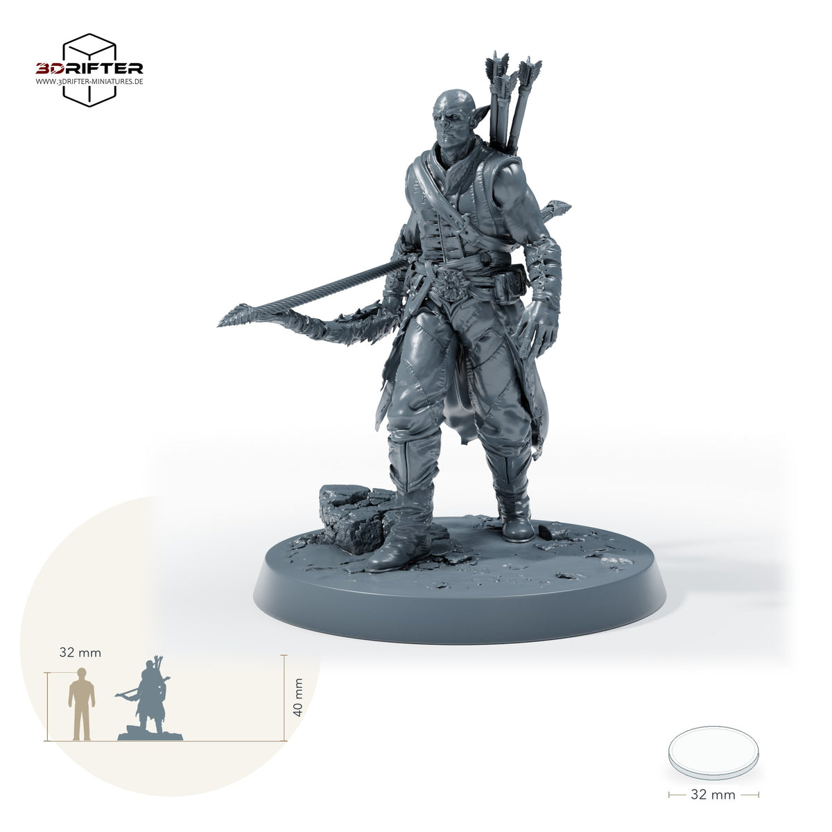 Duskhelm-Bogenkrieger – Gehend: Größenvergleich, ca. 40 mm Gesamthöhe inklusive Base und höchstem Teil, mit 32-mm-Referenzfigur.