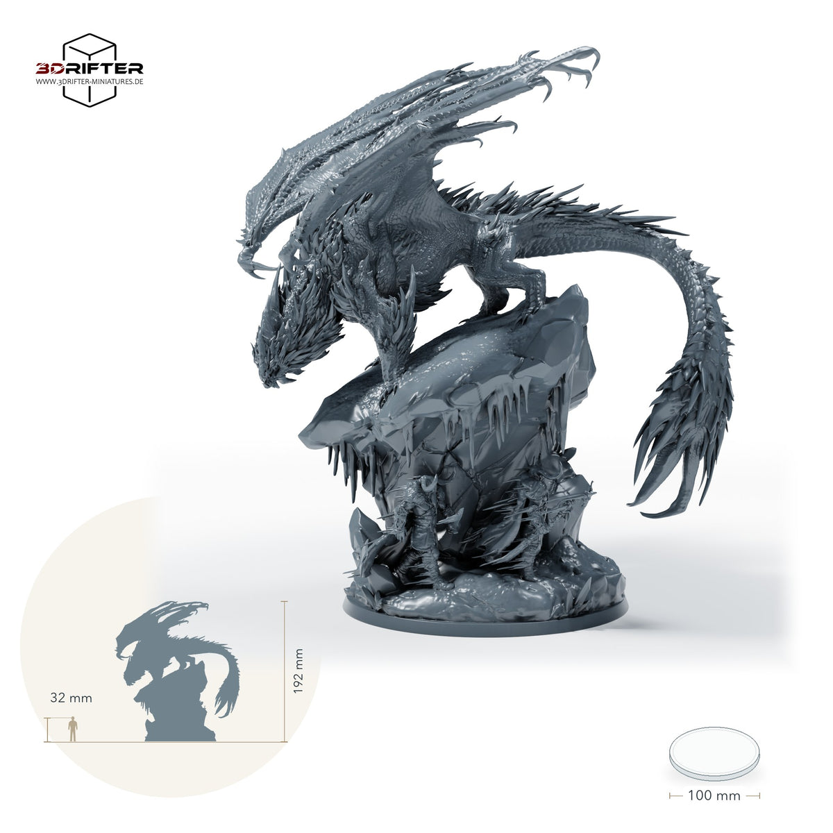 Uralter Weißer Drache: Größenvergleich, ca. 192 mm Gesamthöhe inklusive Base und höchstem Teil, mit 32-mm-Referenzfigur.