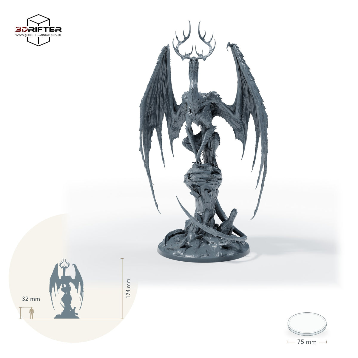 Vampirdrache: Größenvergleich, ca. 174 mm Gesamthöhe inklusive Base und höchstem Teil, mit 32-mm-Referenzfigur.