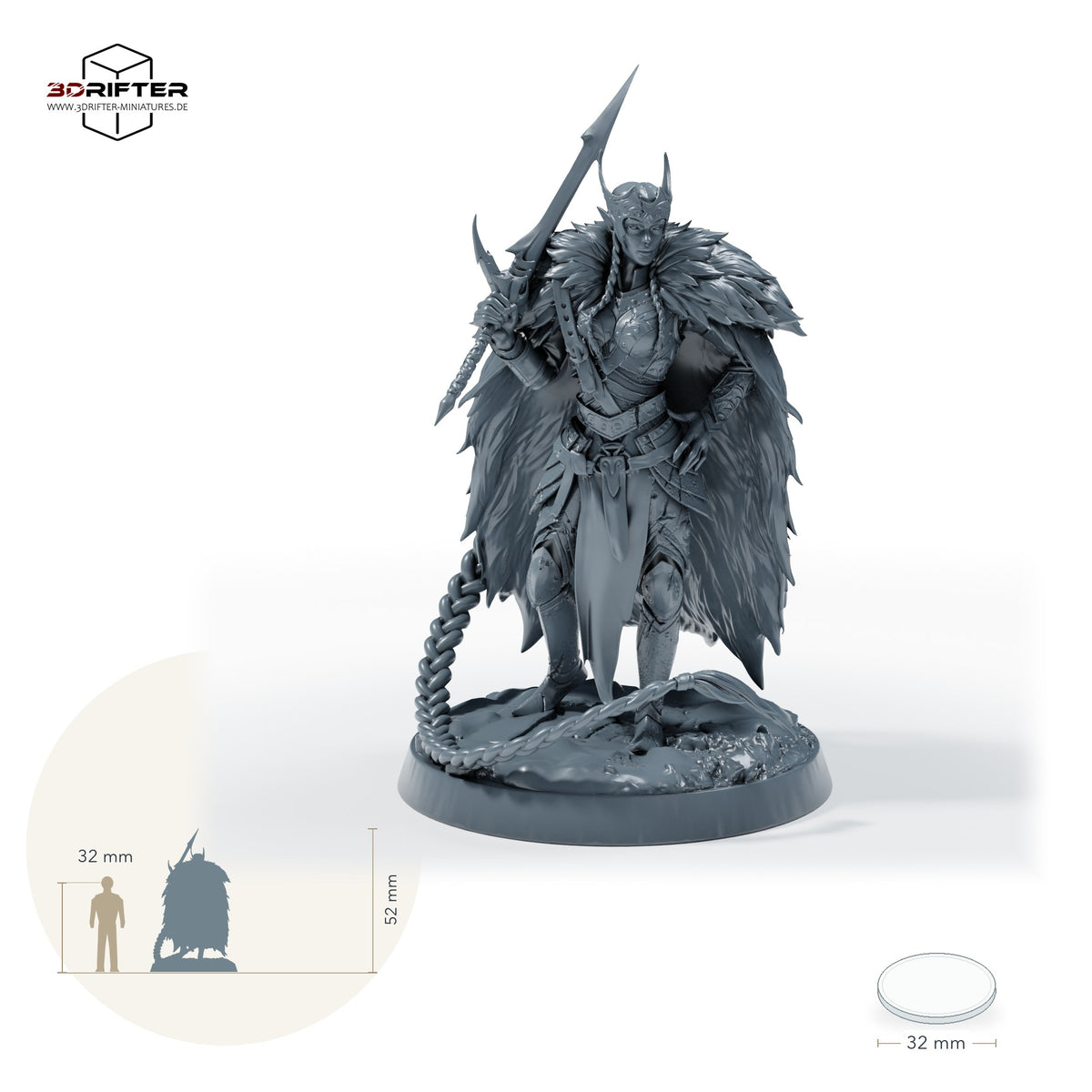 Gepanzerte Schwertkämpferin – Mit Base: Größenvergleich, ca. 52 mm Gesamthöhe inklusive Base und höchstem Teil, mit 32-mm-Referenzfigur.