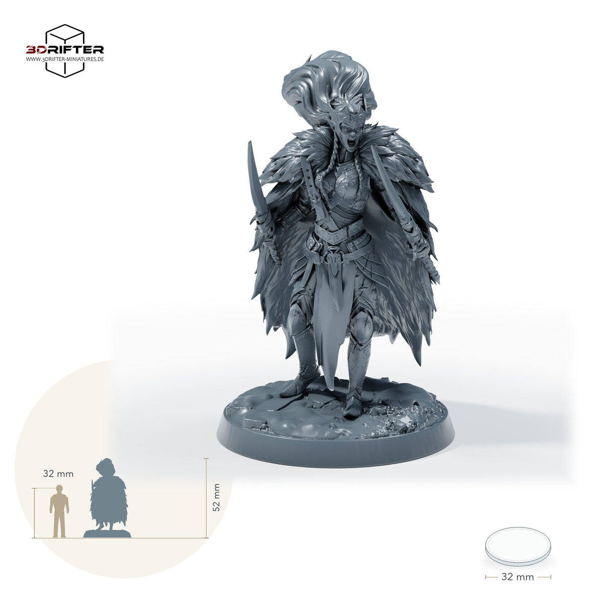 Gepanzerte Dolchkämpferin mit zwei Dolchen – B: Größenvergleich, ca. 52 mm Gesamthöhe inklusive Base und höchstem Teil, mit 32-mm-Referenzfigur.