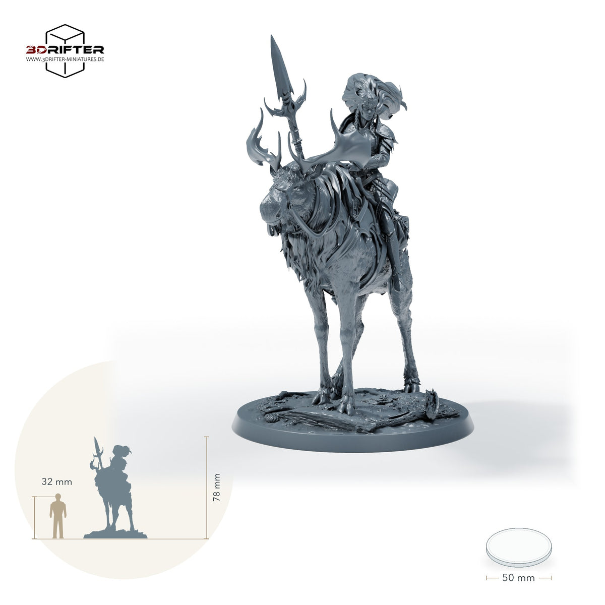 Elchritter mit Speer – Mit Reiter: Größenvergleich, ca. 78 mm Gesamthöhe inklusive Base und höchstem Teil, mit 32-mm-Referenzfigur.