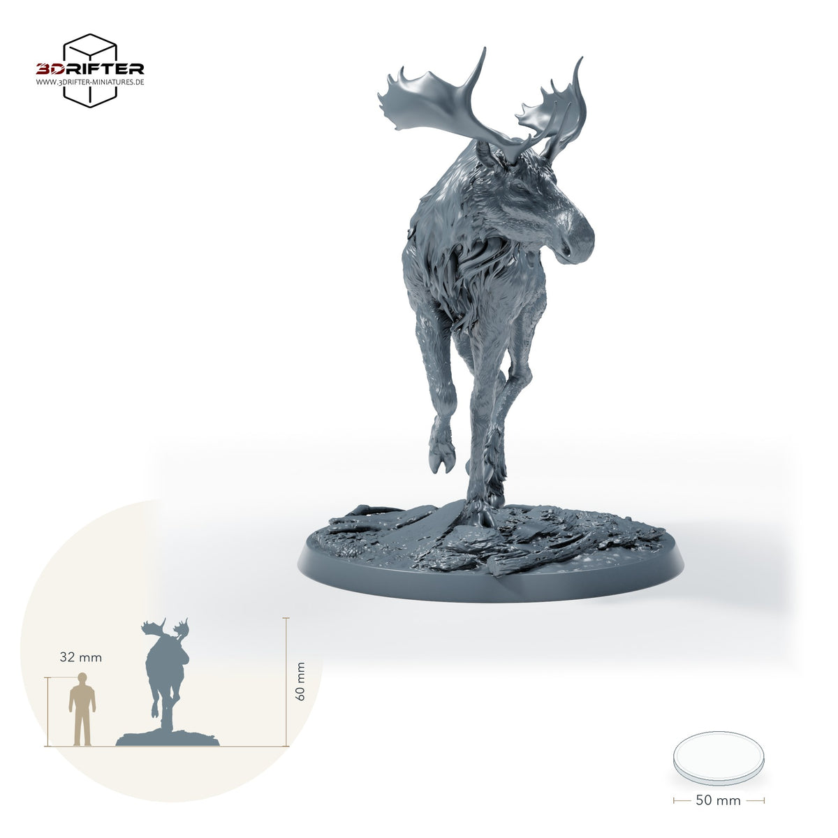 Elchreiterin mit Schild – Ohne Reiter: Größenvergleich, ca. 60 mm Gesamthöhe inklusive Base und höchstem Teil, mit 32-mm-Referenzfigur.
