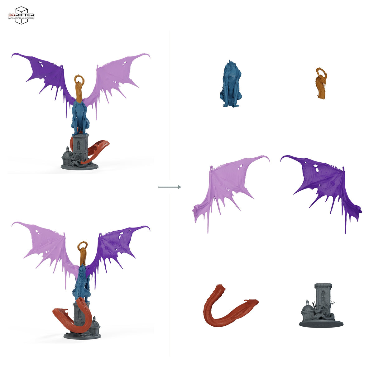 Geisterdrache am Turm: Bauteilübersicht mit Vorder- und Rückansicht sowie 6 farblich markierten Einzelteilen.