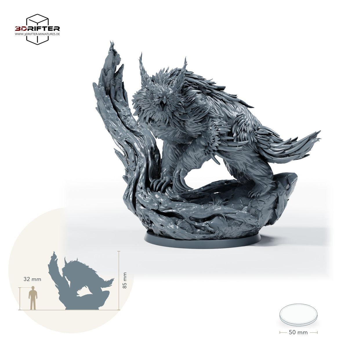 Eulenbär mit berittener Bogenschützin – Ohne Reiter: Größenvergleich, ca. 85 mm Gesamthöhe inklusive Base und höchstem Teil, mit 32-mm-Referenzfigur.