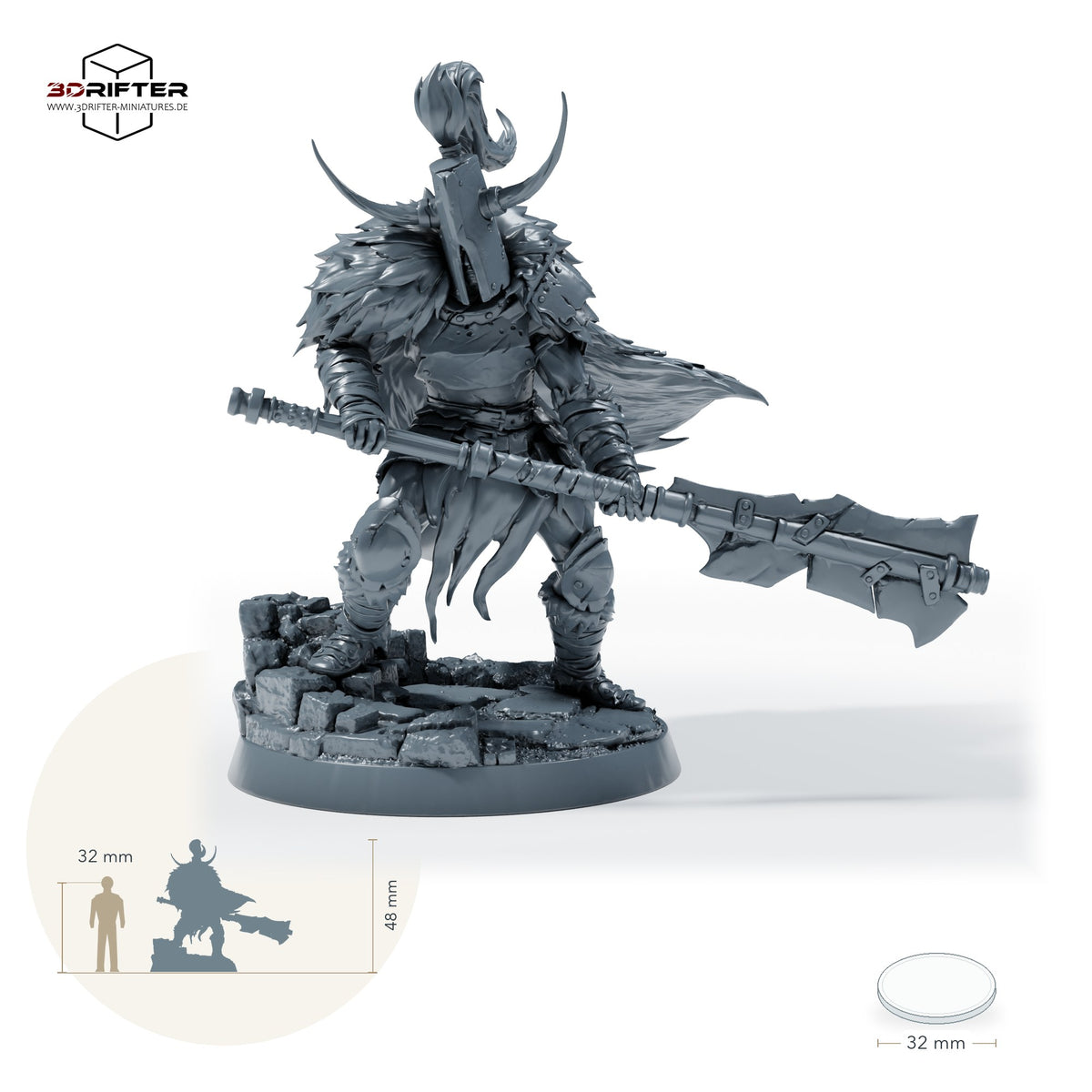 Doom Ravager, gepanzerter Berserker mit Langschwert und Hörnerhelm – B: Größenvergleich, ca. 48 mm Gesamthöhe inklusive Base und höchstem Teil, mit 32-mm-Referenzfigur.