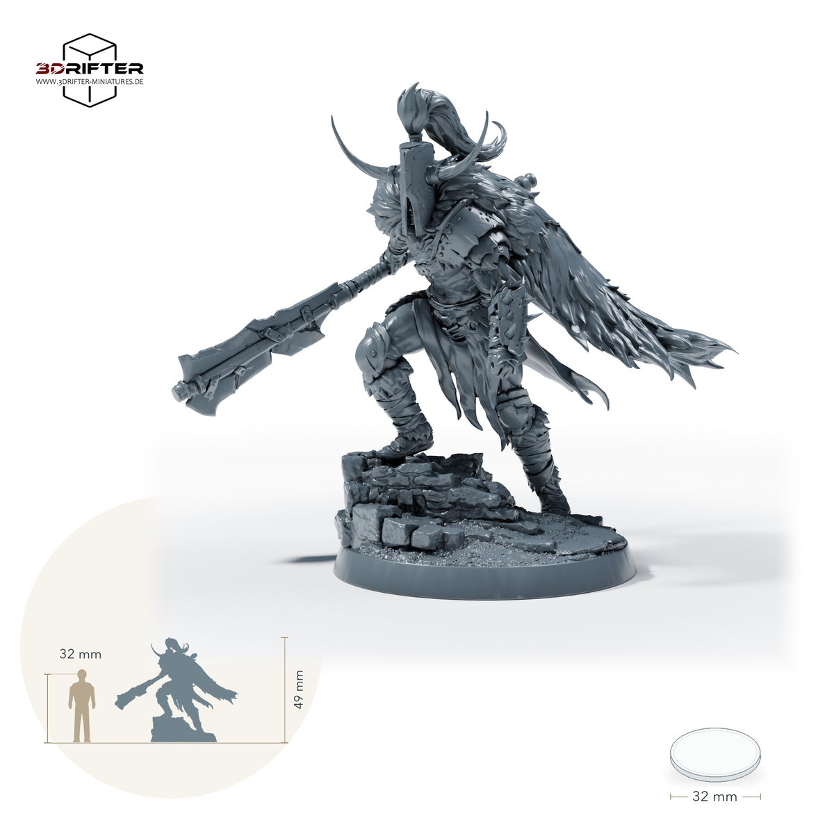 Doom Ravager, gepanzerter Berserker mit Langschwert und Hörnerhelm – C: Größenvergleich, ca. 49 mm Gesamthöhe inklusive Base und höchstem Teil, mit 32-mm-Referenzfigur.
