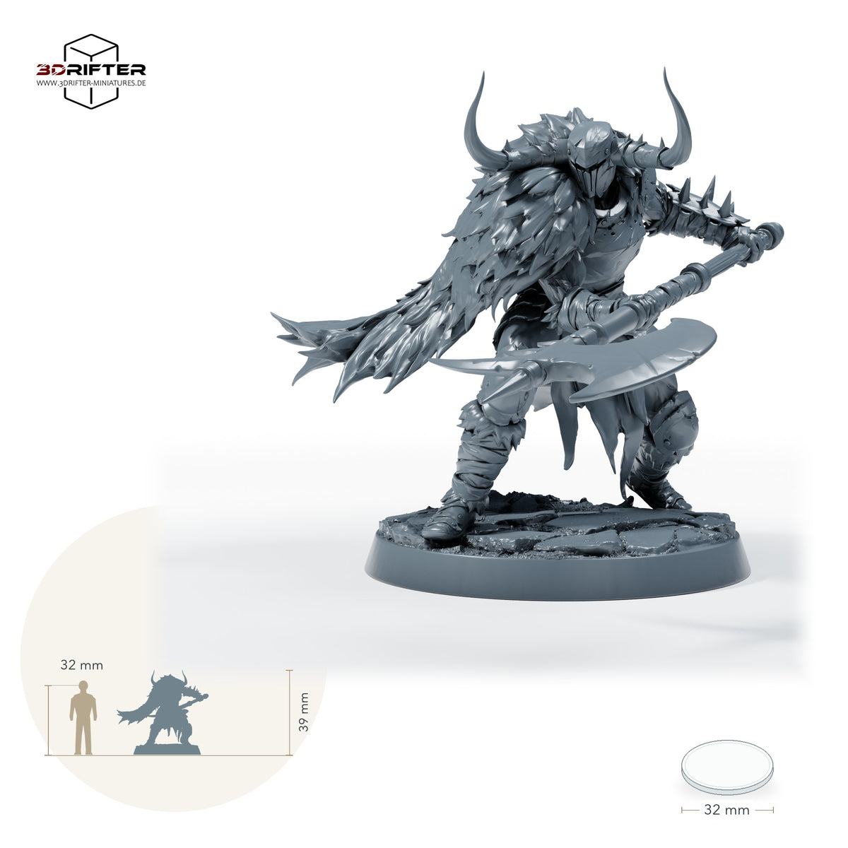 Gepanzerter Berserker mit Zweihandaxt und Hörnerhelm, Axtkrieger im Fellumhang – A: Größenvergleich, ca. 39 mm Gesamthöhe inklusive Base und höchstem Teil, mit 32-mm-Referenzfigur.