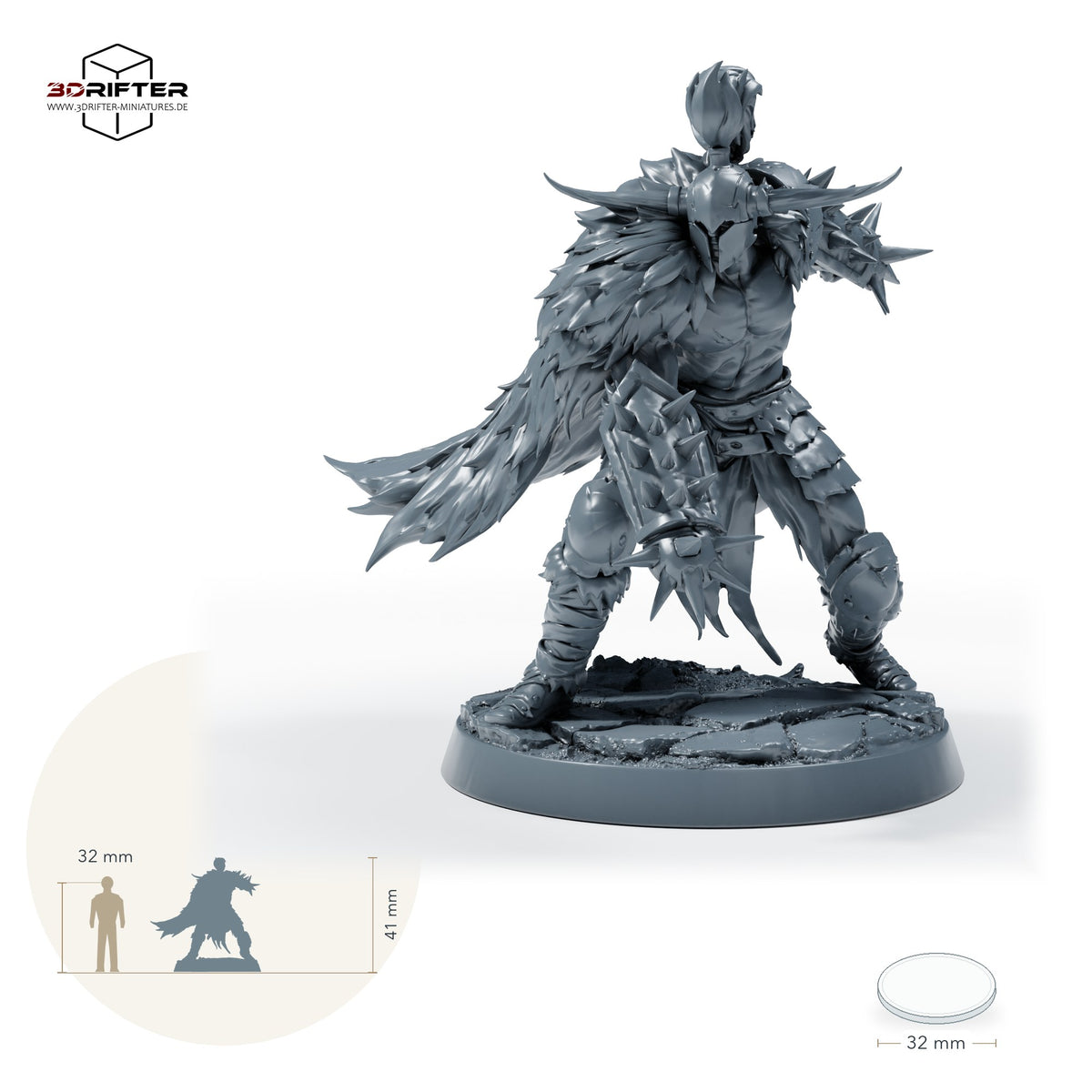 Berserker Krieger mit Dornenfaust, Hörnerhelm und Fellumhang: Größenvergleich, ca. 41 mm Gesamthöhe inklusive Base und höchstem Teil, mit 32-mm-Referenzfigur.