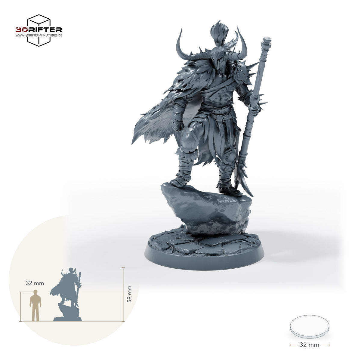 Doomravager General, gepanzerter Barbarenkrieger mit Stangenwaffe und Hörnerhelm: Größenvergleich, ca. 59 mm Gesamthöhe inklusive Base und höchstem Teil, mit 32-mm-Referenzfigur.