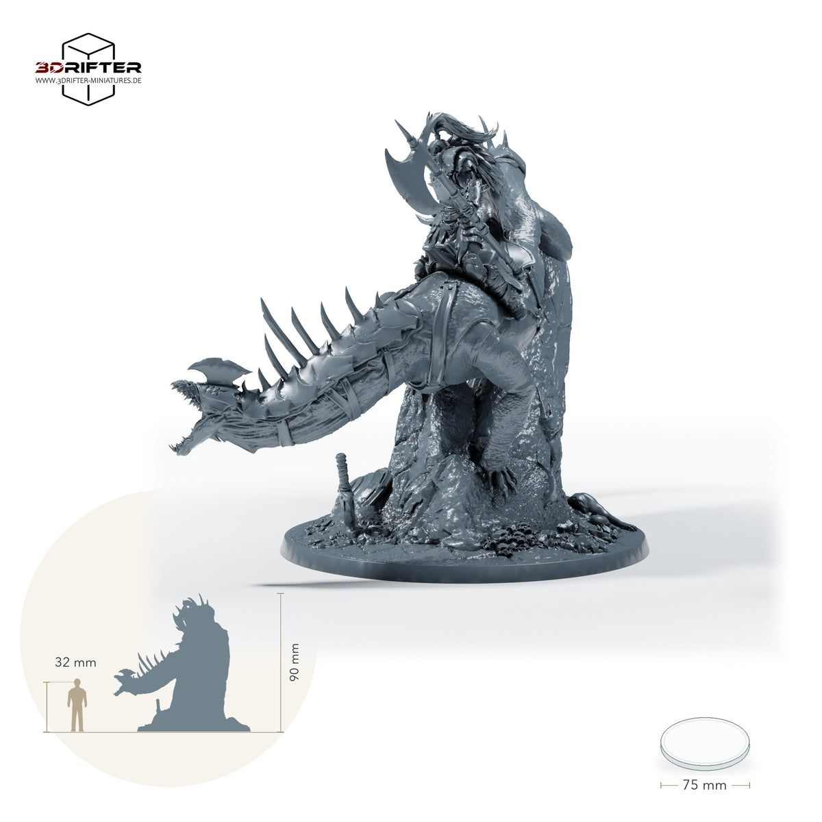 Gepanzerter Bestienreiter mit Streitaxt, Fantasy Kavallerist auf gepanzertem Reitmonster, Iron Scale Ravager – A: Größenvergleich, ca. 90 mm Gesamthöhe inklusive Base und höchstem Teil, mit 32-mm-Referenzfigur.
